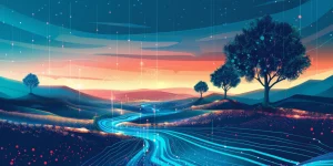 The road to AI - A futuristic road with trees and sci-fi elements.