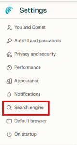 Comet Settings - Selecting Search Engine