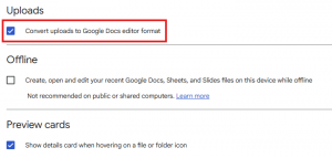 Snippet from the settings in Google Drive.