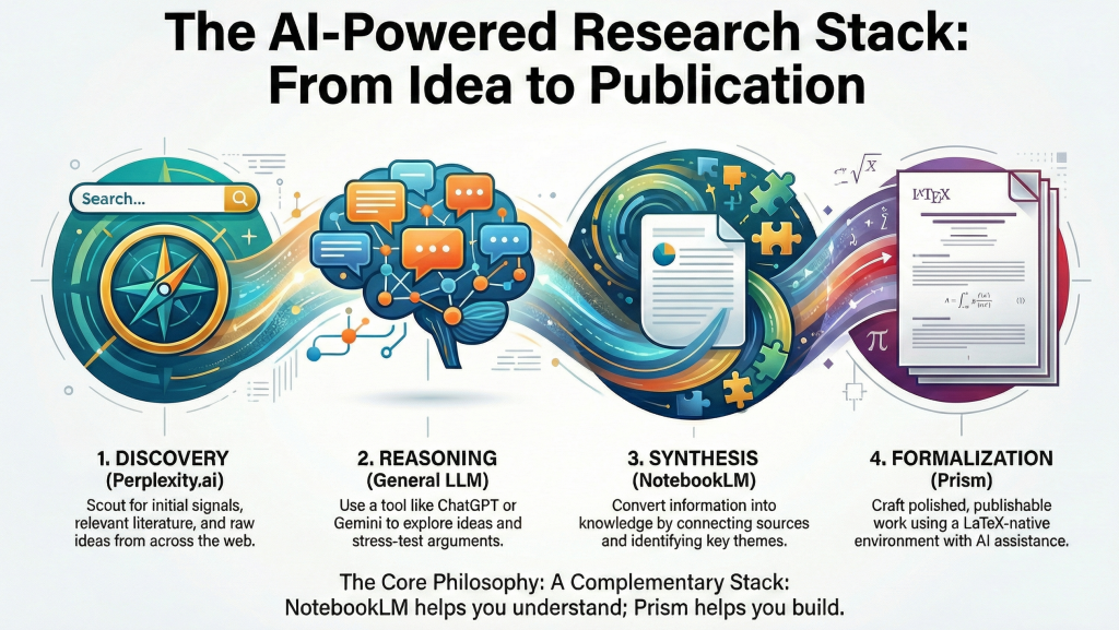 Infographic showing the 4 steps of the AI-Powered research stack. Discovery, Reasoning, Synthesis, Formalization.